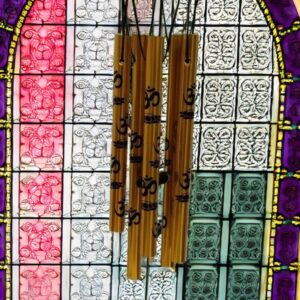 Golden Feng Shui Metal Wind Chime with 5 Om-Printed Pipes for Positive Energy, Decorative Hanging Bells for Indoor/Outdoor Use, Good Luck Chimes for Home or Balcony Decoration (Small Size)