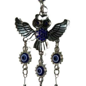 Wind Chime with 3 Blue Glass Bells, Metal Owl Figurine